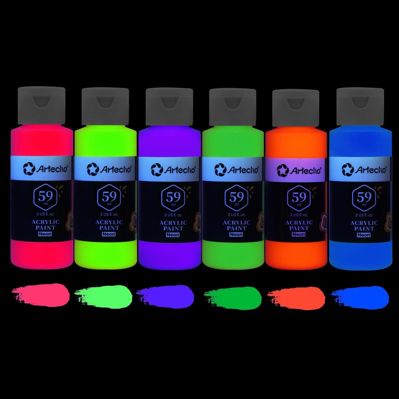 Artecho Neon Paint 6 Colors, 60 ml / 2 oz Acrylic Paint for Decoration, Art Painting, Outdoor and Indoor Art Craft, Supplies for Canvas, Rock, Wood, Waterproof Rich Pigments - Image 3